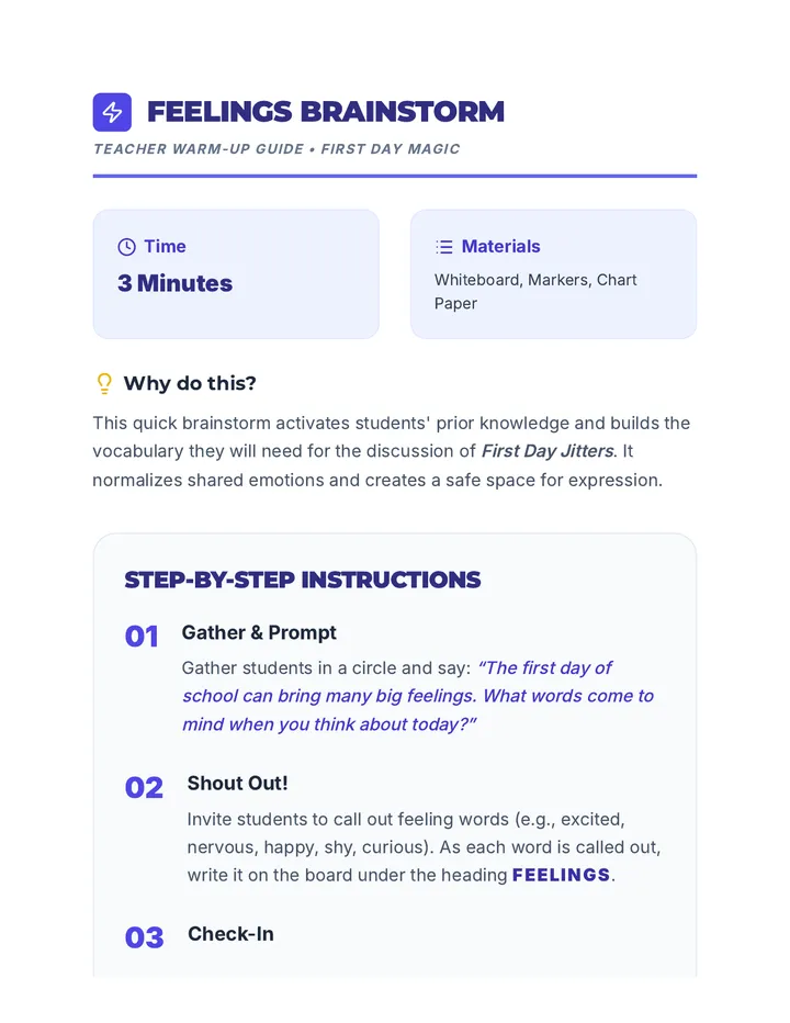 Feelings Brainstorm Warm-Up Guide