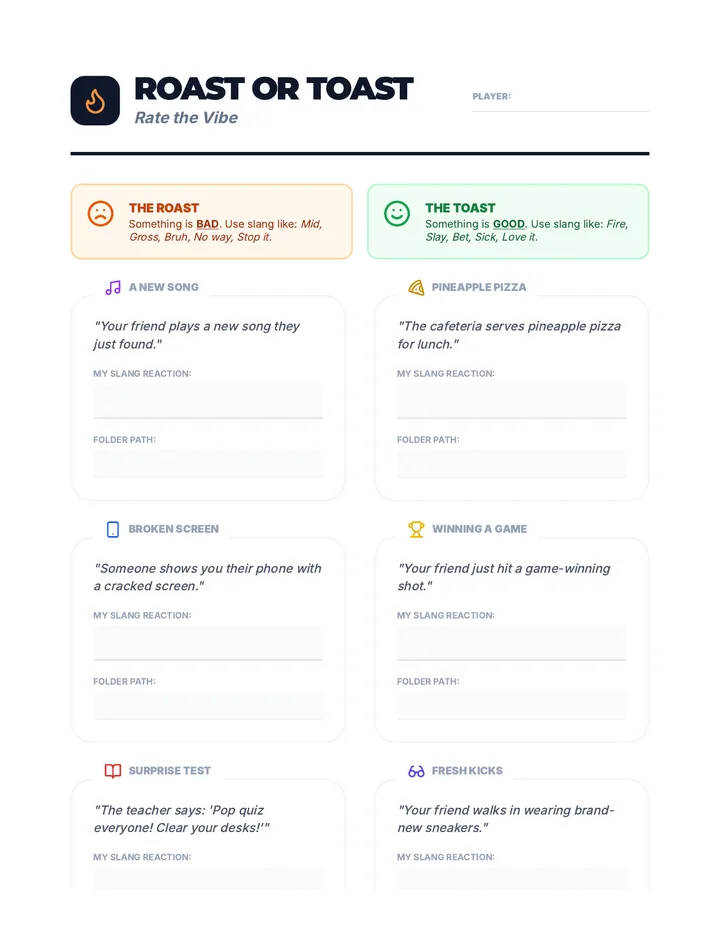 Roast or Toast Activity Sheet