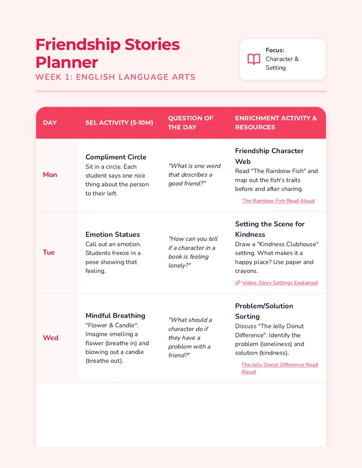 Friendship Stories Weekly Planner