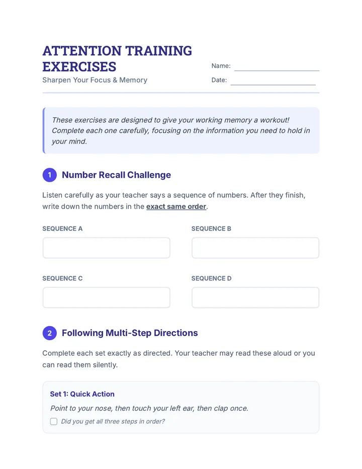 Attention Training Exercises Activity