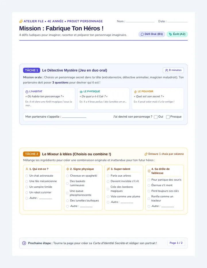 Fabrique Ton Héros Activity Sheet