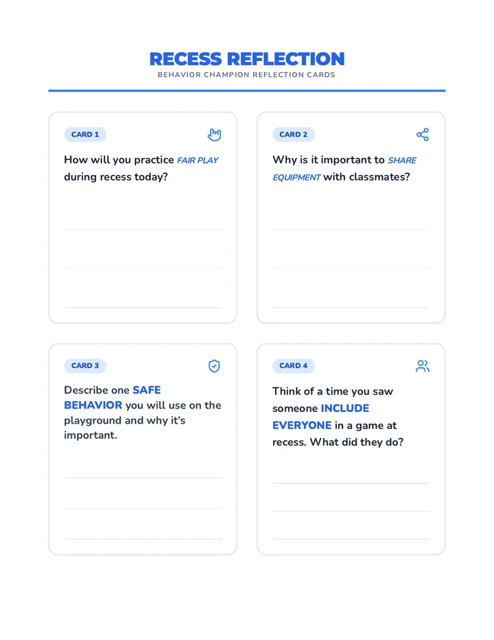 Reflection Cards Recess Reflections Worksheet