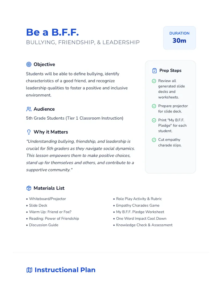 Be a B.F.F. Lesson Plan Teacher Guide