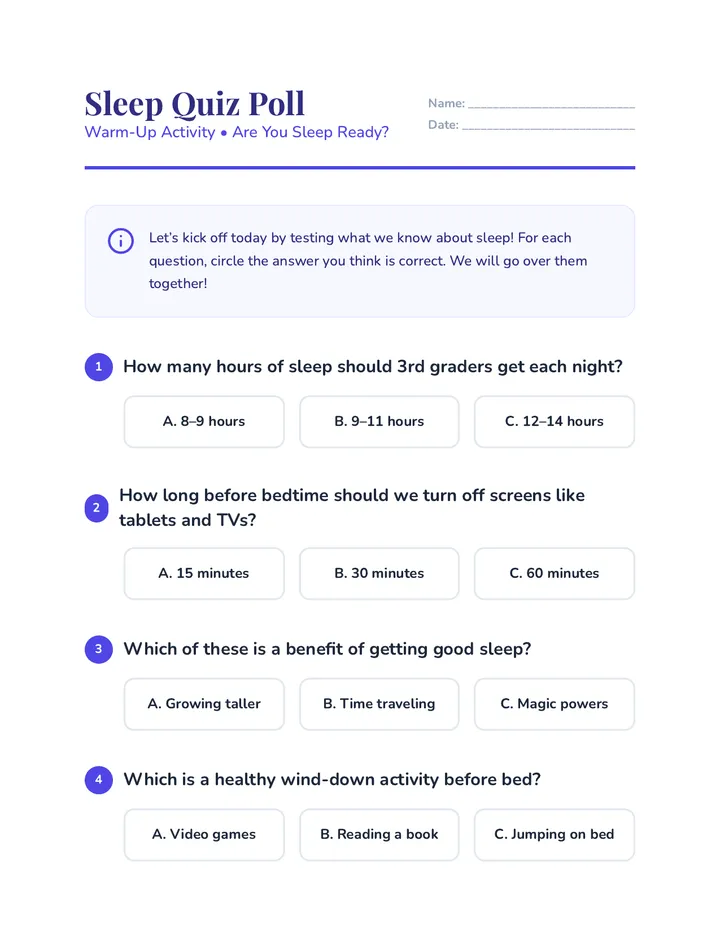 Sleep Quiz Poll Warm Up Activity