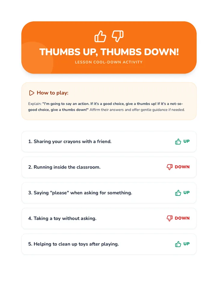 Thumbs Up Cool Down Activity