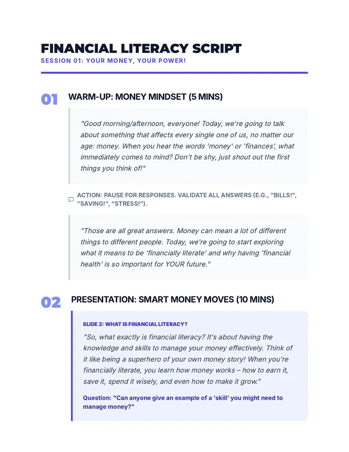 Financial Literacy Teacher Script