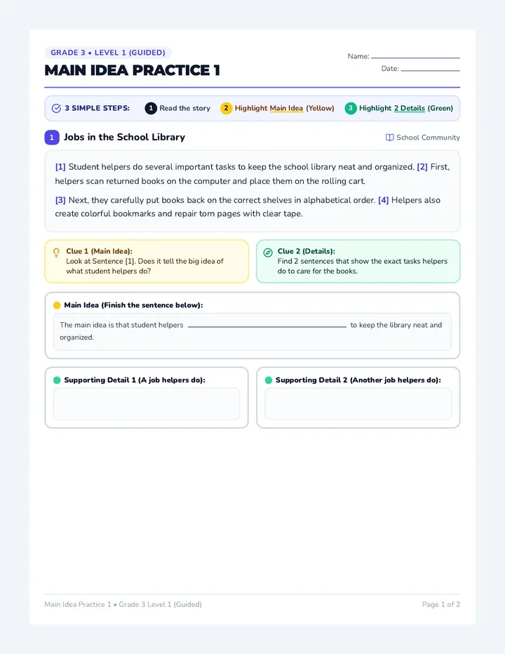Main Idea Practice 1 Guided Worksheet