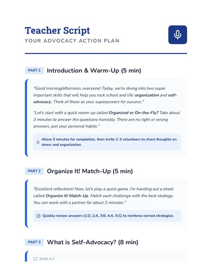 Advocacy Action Plan Teacher Script Resource