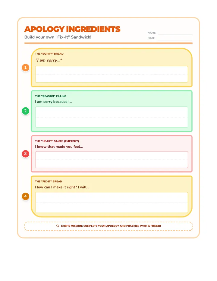 Apology Ingredients Worksheet