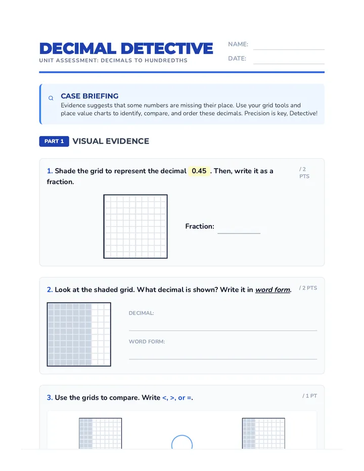 Decimal Detective Assessment Student Worksheet