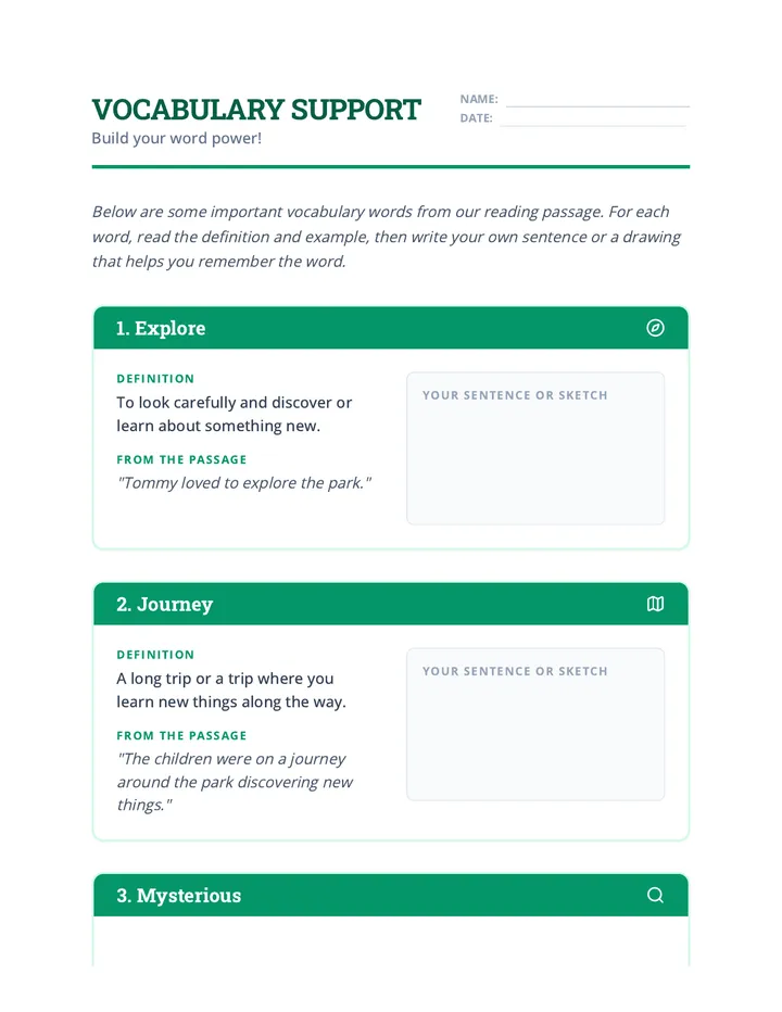 Vocabulary Support Sheet