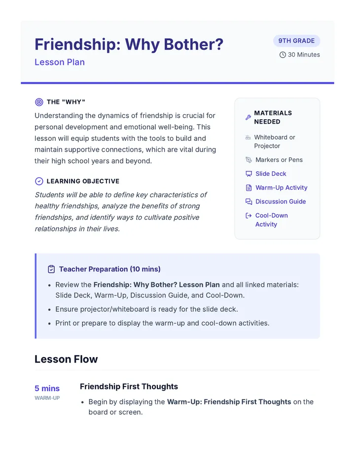 Friendship Why Bother Lesson Plan