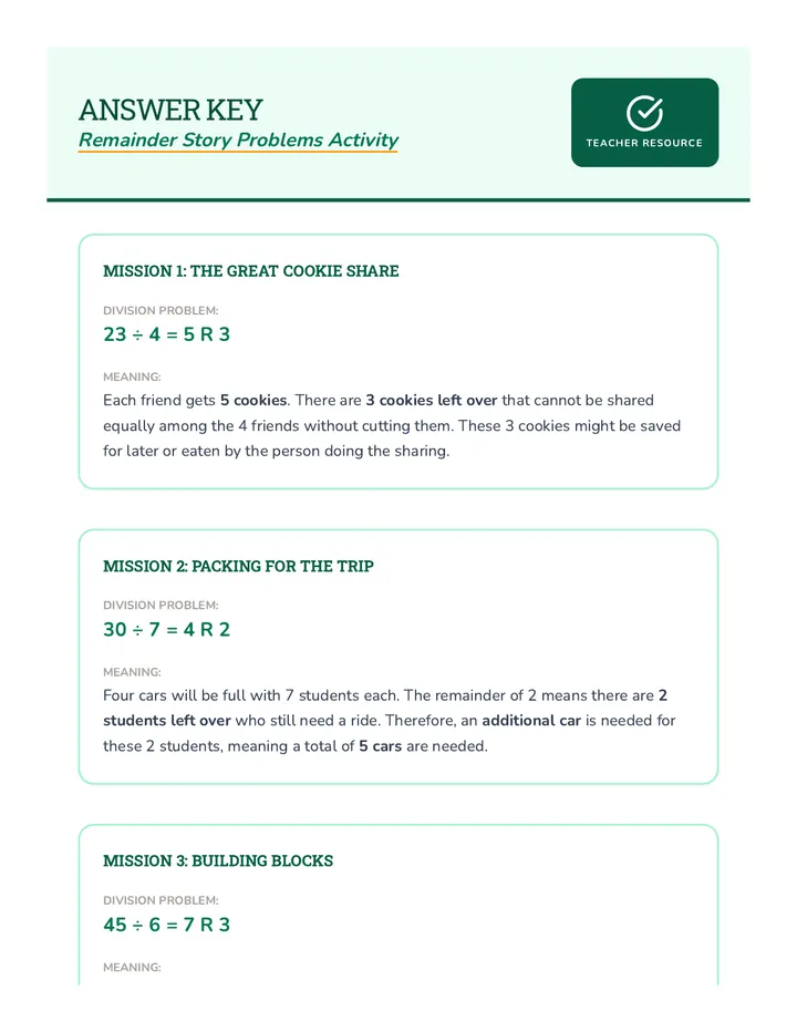 Remainder Story Problems Answer Key