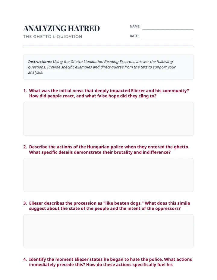 Analyzing Hatred Worksheet
