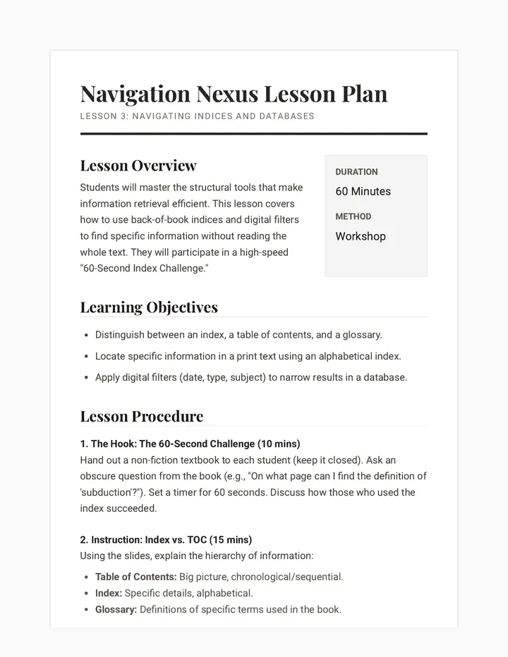 Indices Databases Lesson Plan