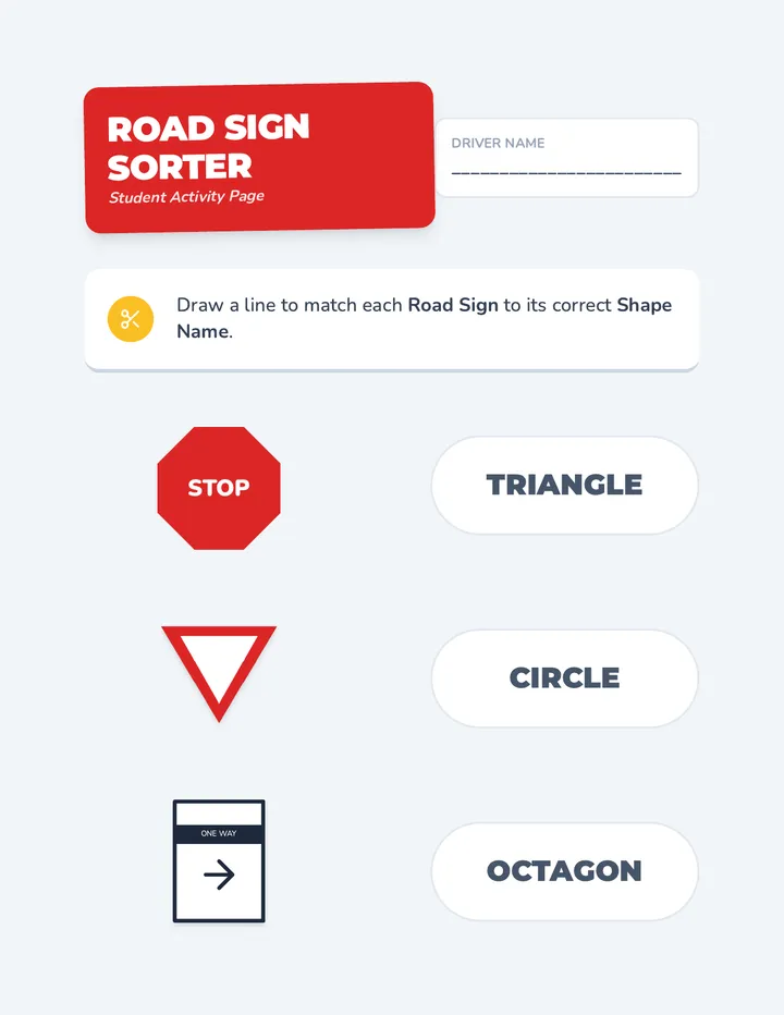 Road Sign Match Worksheet