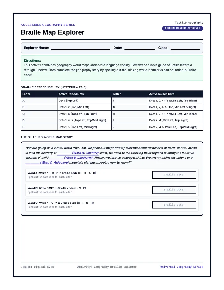 Braille Geography Mad Libs Activity