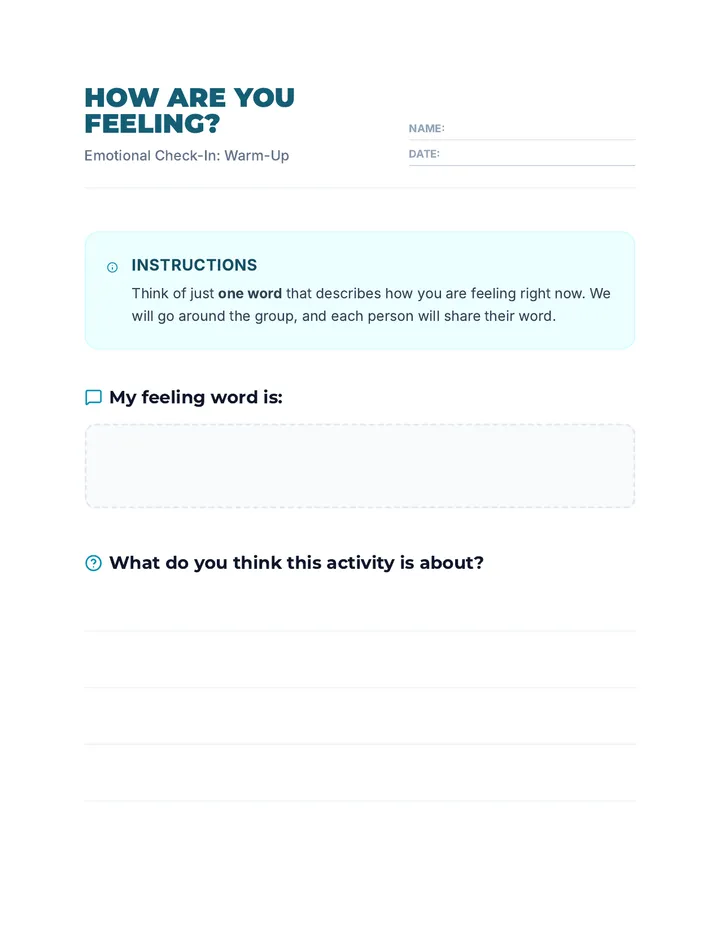 Feelings Warm Up Worksheet