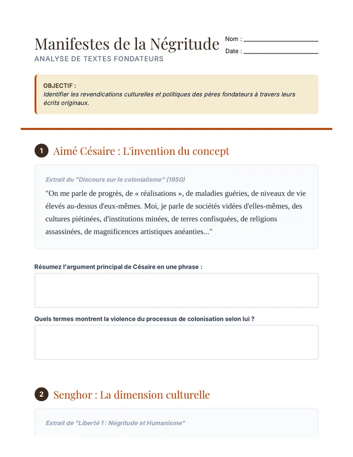 Manifeste Négritude Worksheet
