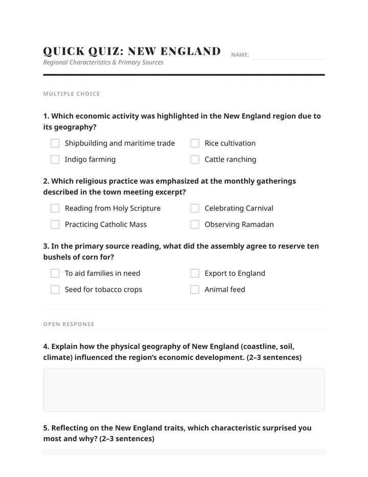New England Colonies Quiz