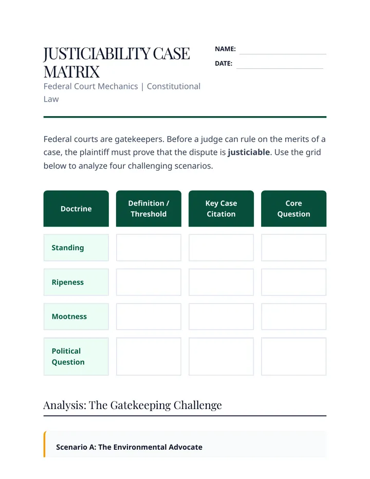 Justiciability Analysis Matrix Worksheet