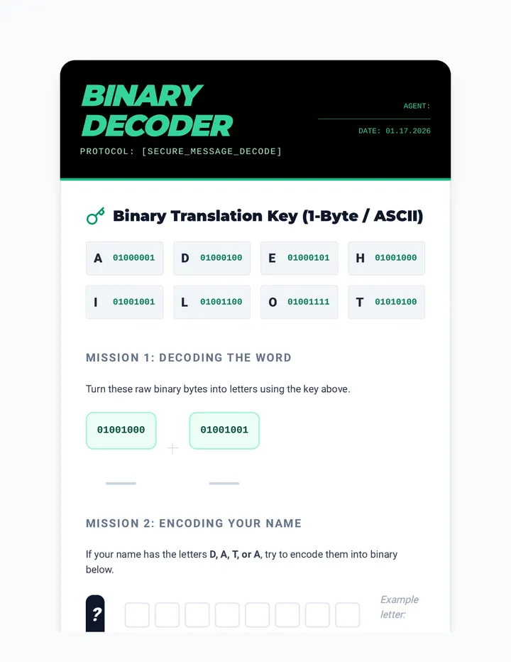 Binary Decoder Worksheet