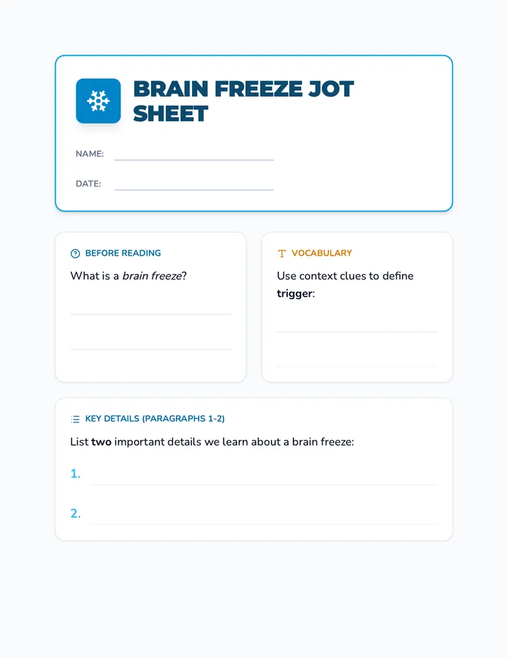 Brain Freeze Jot Sheet
