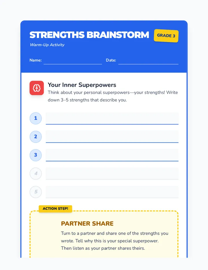 Strengths Brainstorm Warm-Up Worksheet