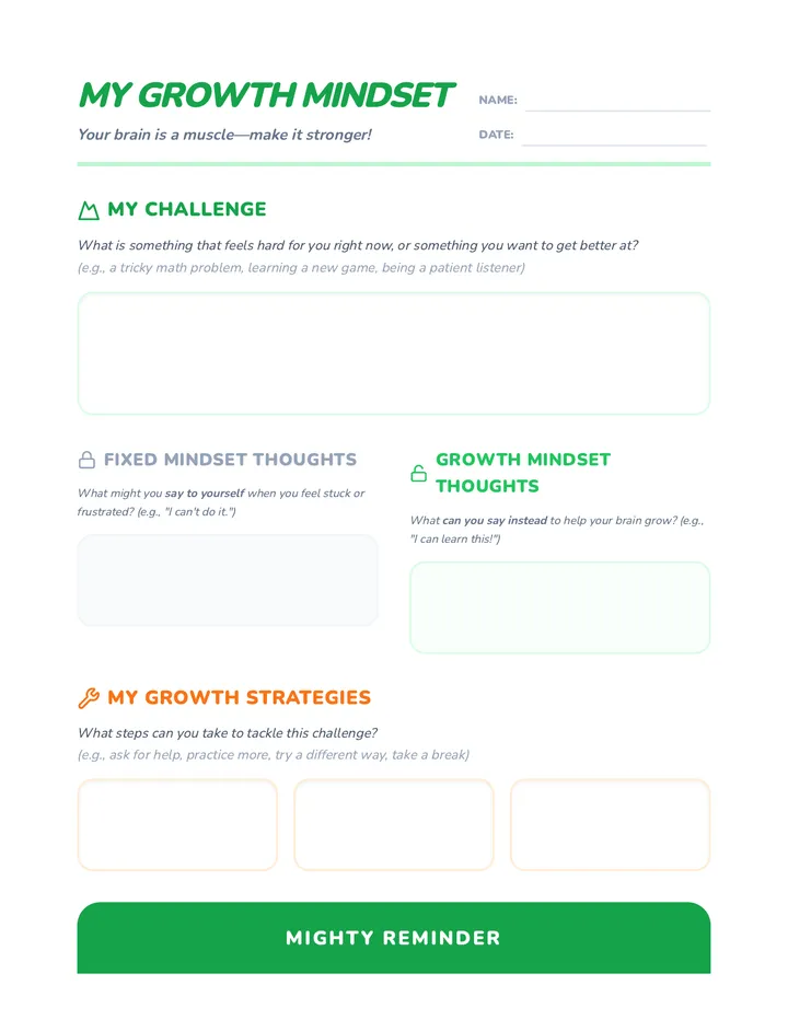 My Growth Mindset Challenges Worksheet