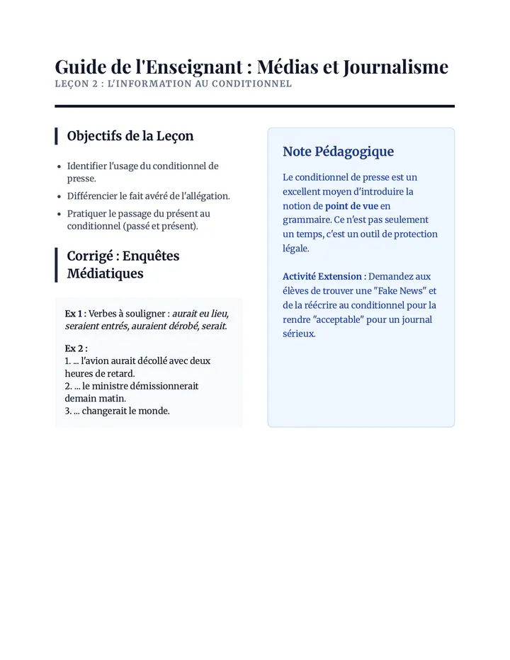 L'Information au Conditionnel Teacher Guide