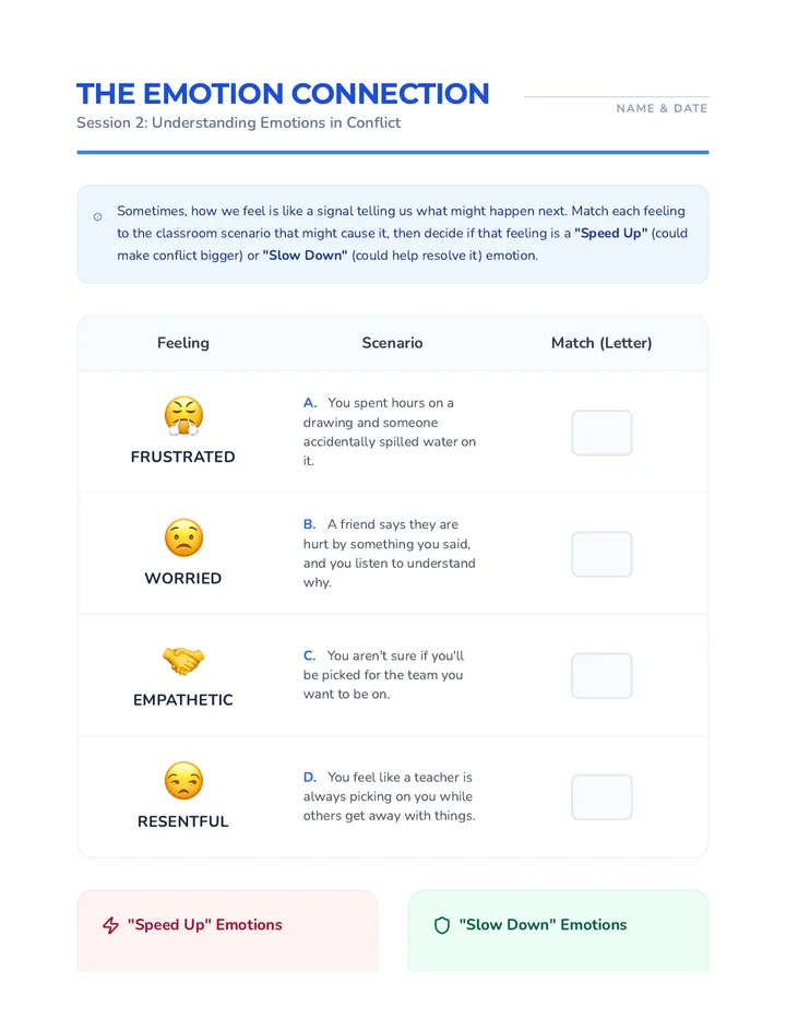 Emotions Scenario Match Worksheet