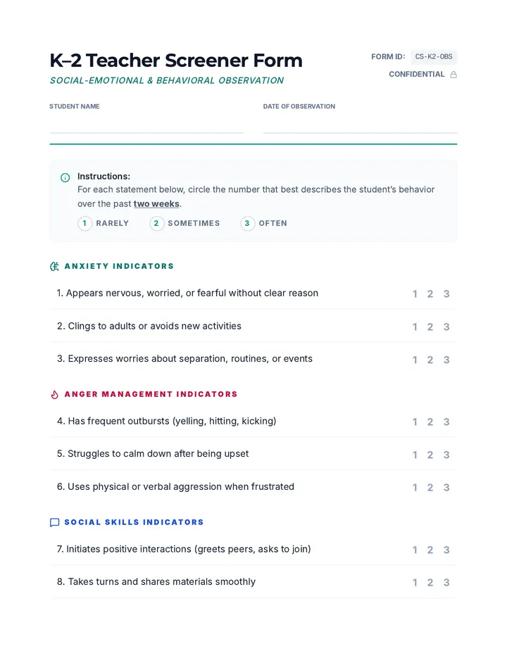 K-2 Teacher Screener Form