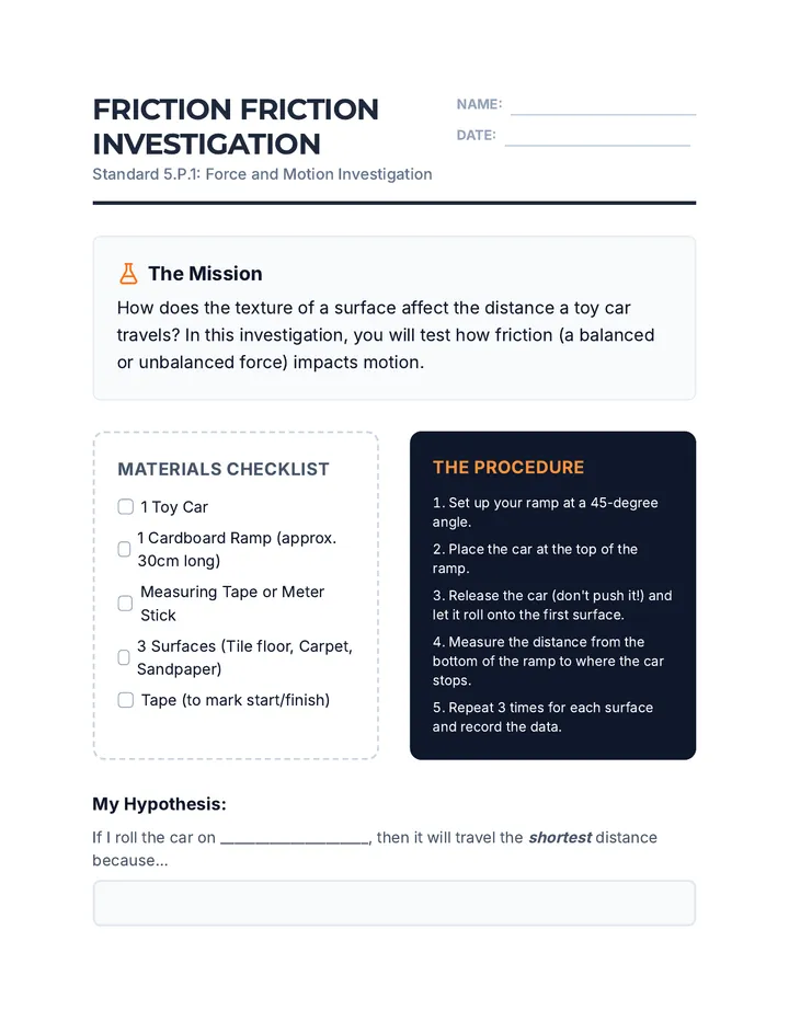 Friction Friction Investigation Worksheet