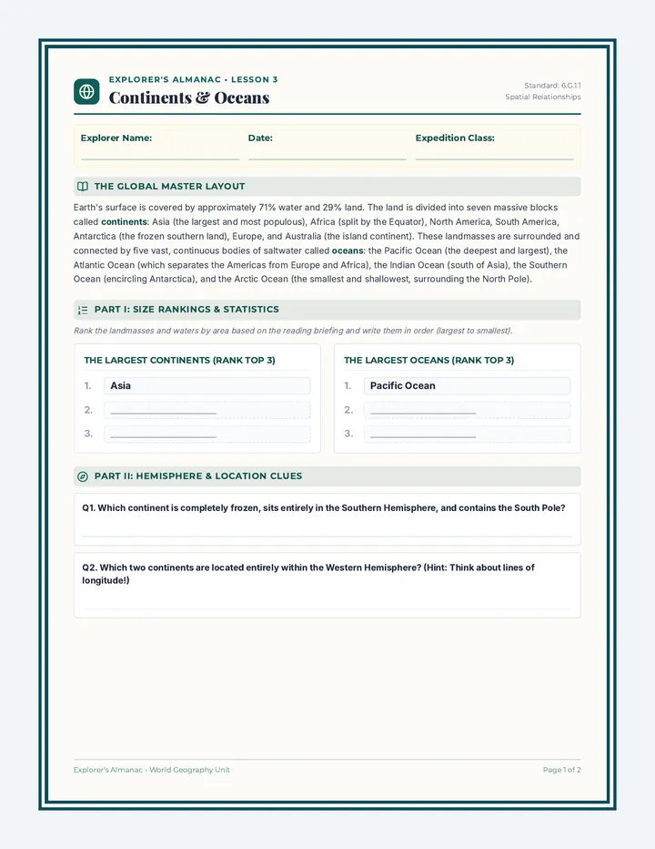 Continents and Oceans Worksheet