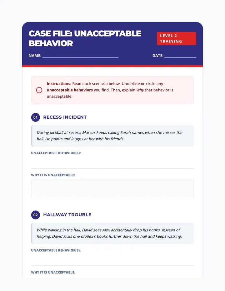 Unacceptable Behavior Worksheet