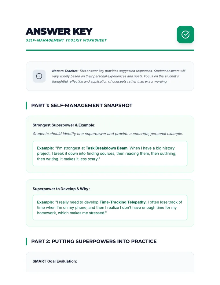 Self Management Toolkit Answer Key