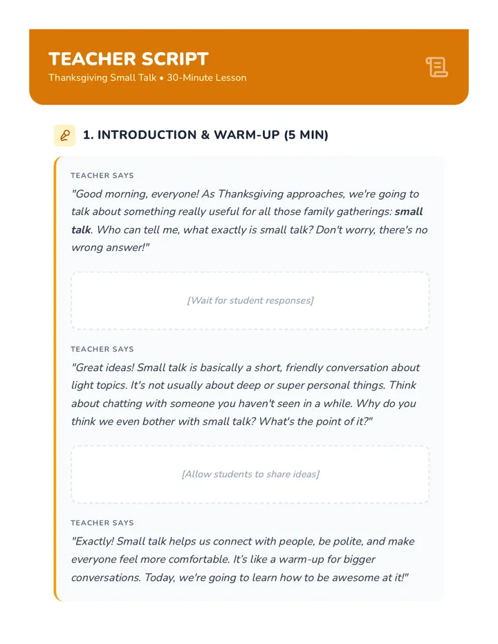 Thanksgiving Small Talk Script