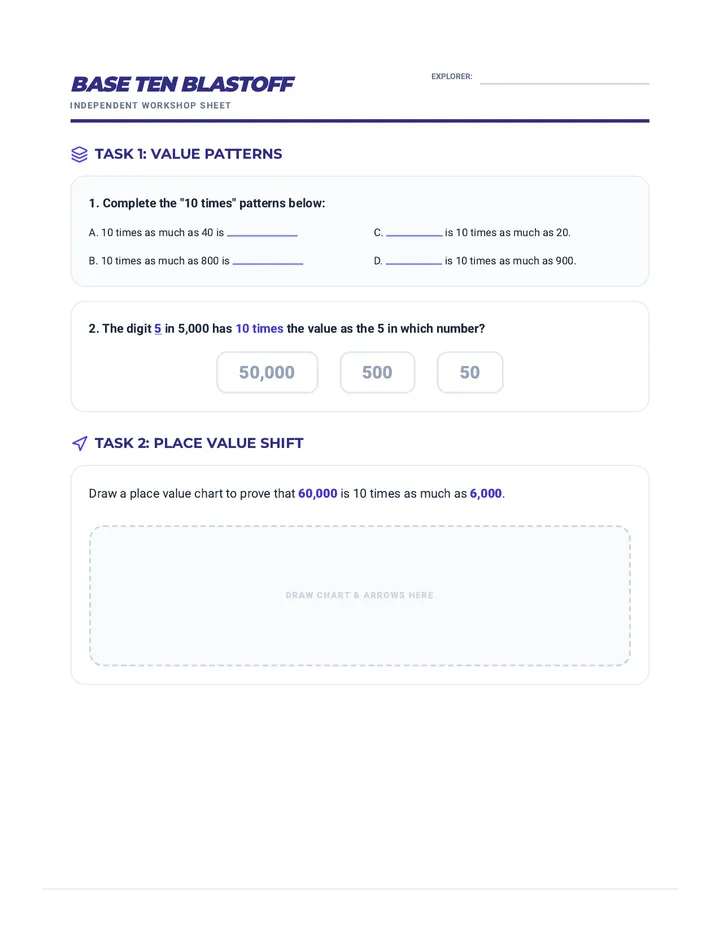 Base Ten Blastoff Worksheet