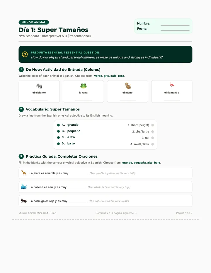 Super Tamaños Worksheet