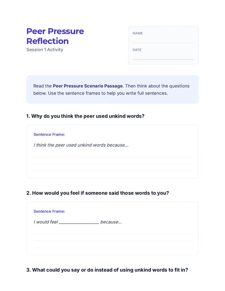 Peer Pressure Reflection Worksheet