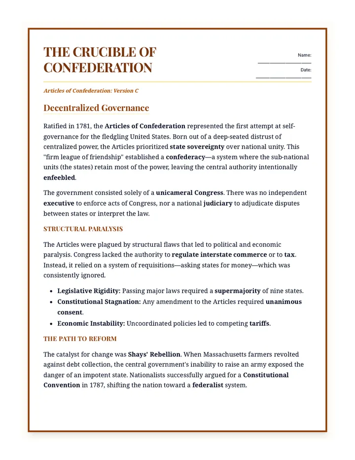 Articles Confederation Version C Worksheet