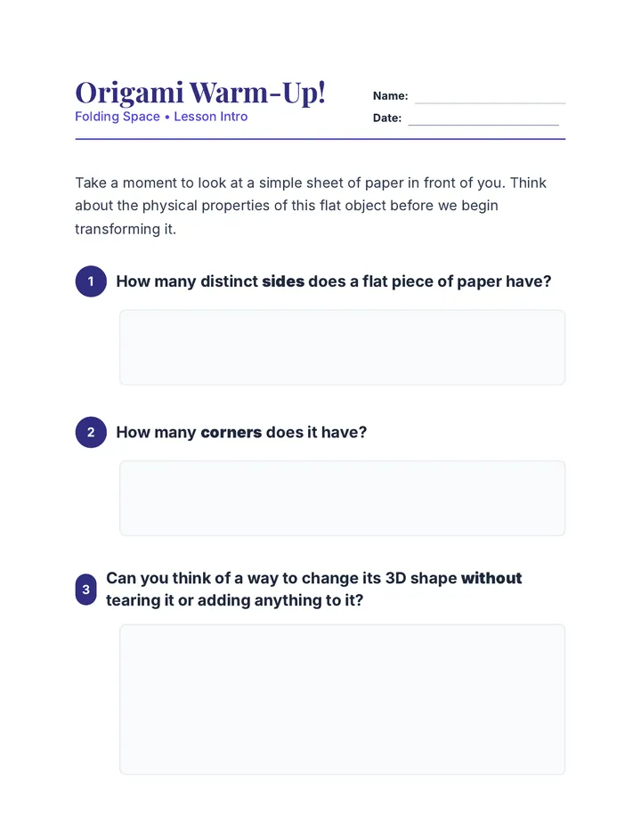 Origami Warm-Up Worksheet