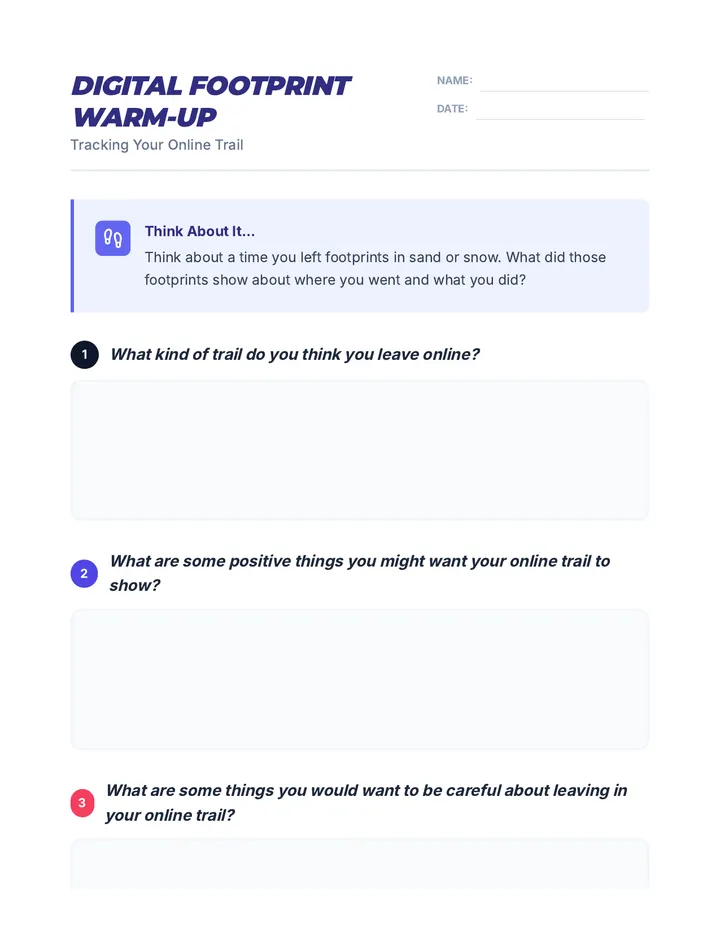 Digital Footprint Warm Up Worksheet