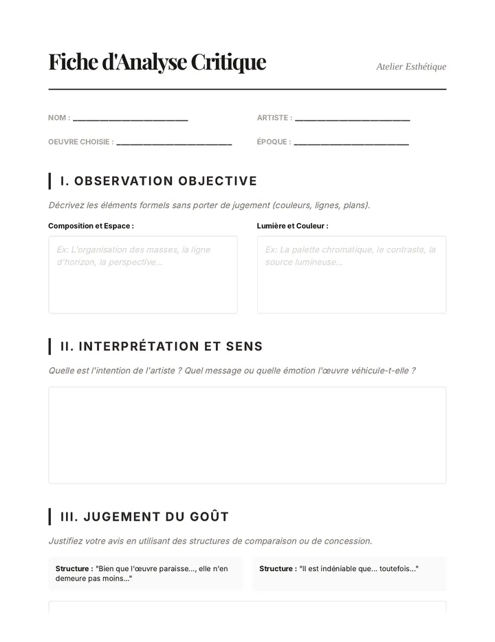 Fiche d'Analyse d'Oeuvre Template