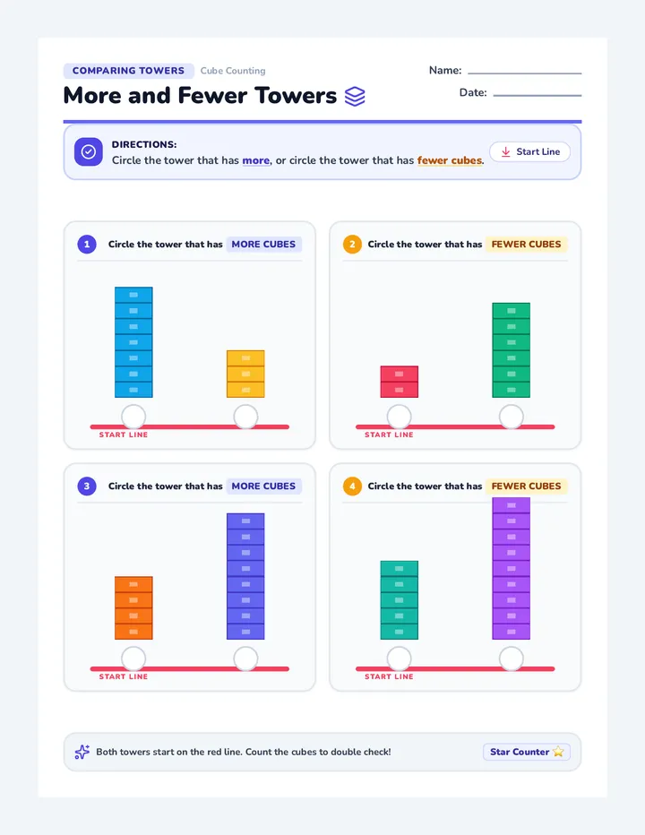 More Fewer Towers Worksheet