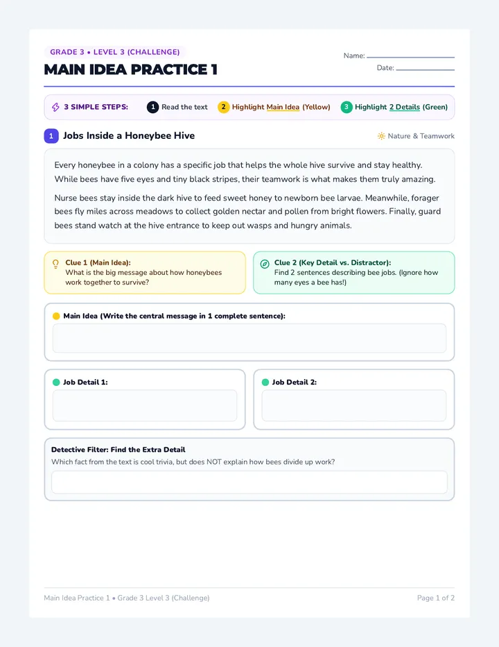 Main Idea Practice 1 Challenge Worksheet