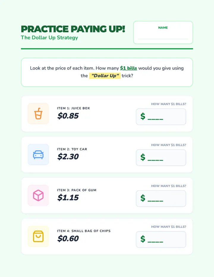Dollar Up Practice Worksheet