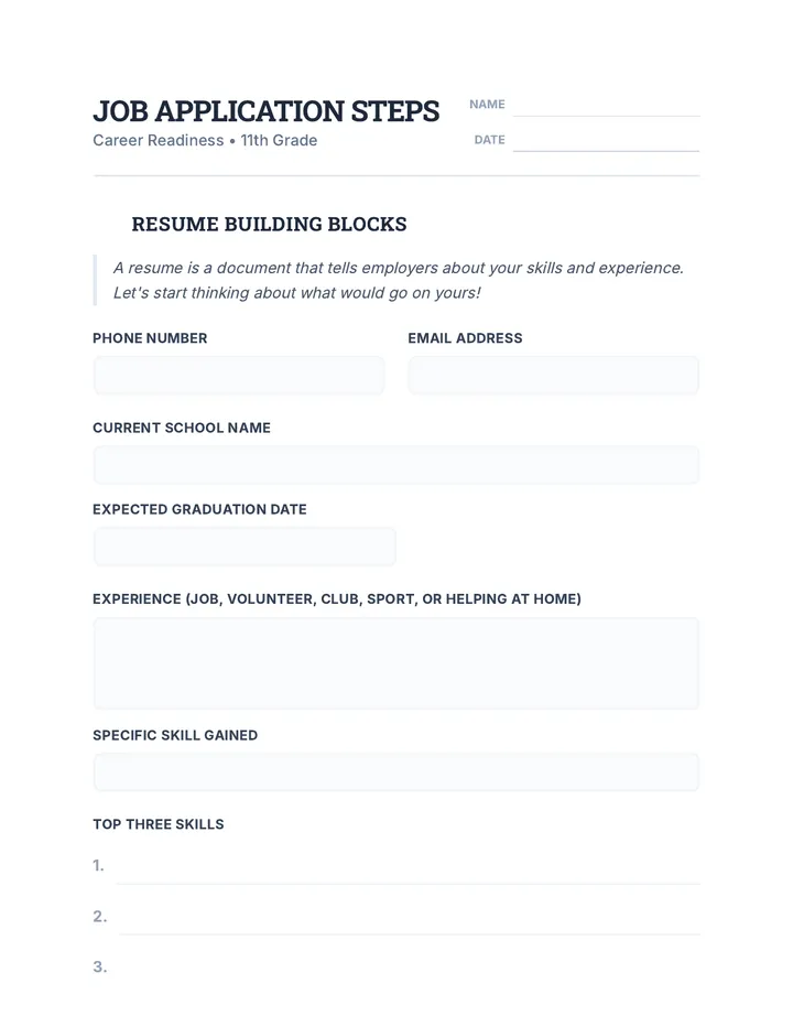 Job Application Steps Worksheet