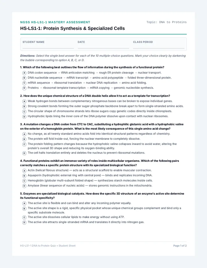 LS1-1 DNA to Protein Quiz Student Sheets