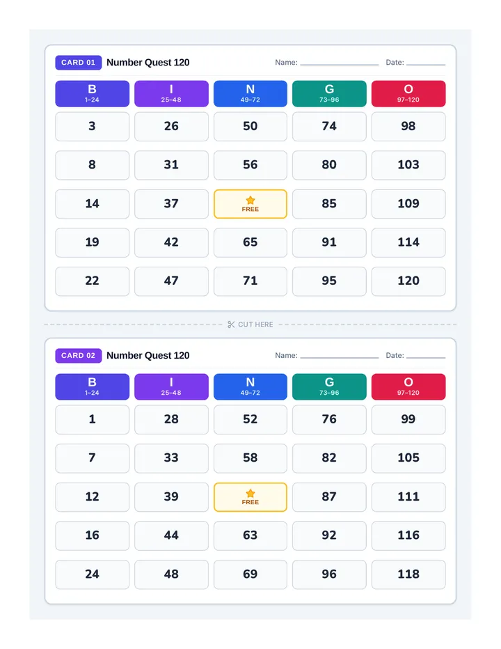 Number Quest Bingo Cards